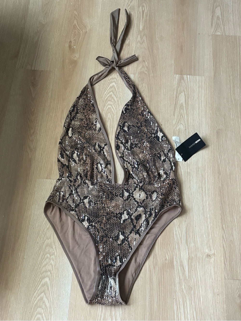 Fashion Nova Brown Snake Print Halter One-Piece Swimsuit